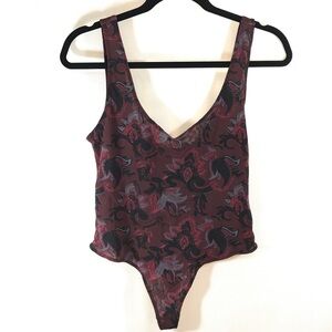 Free People Sheer Thong Maroon Paisley Bodysuit, NEW